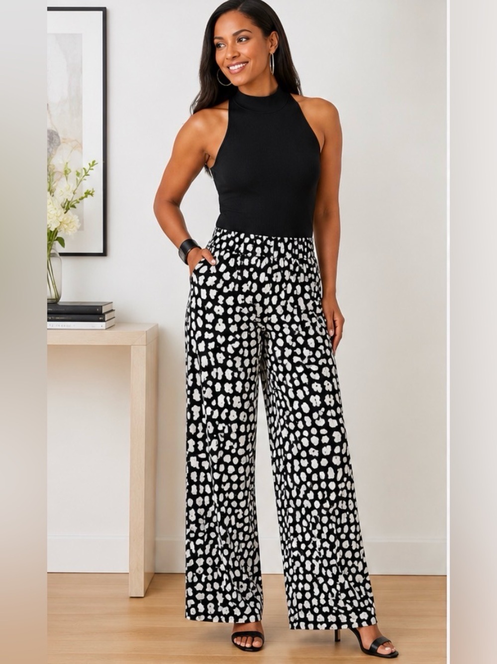 IMAN Global‎ Chic Black White Animal Print Wide Leg Pull On Pants Size Medium